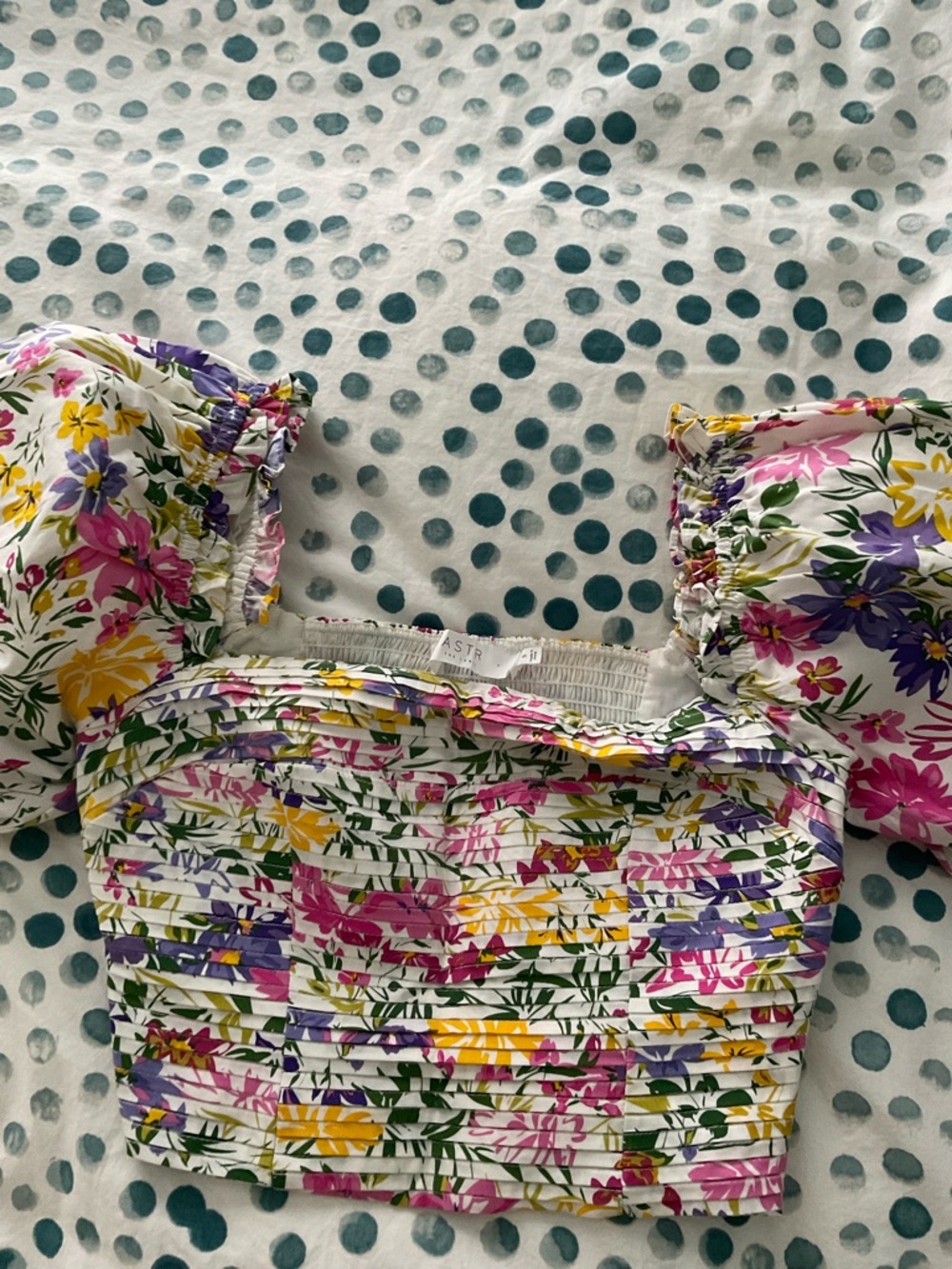 Astr Floral Smocked Crop Top - White with Pink & Green